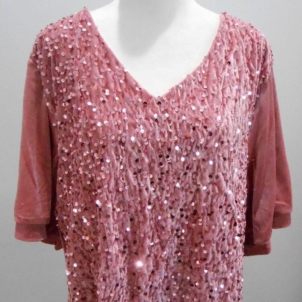 Women's Pink Velvet Short Sleeve V-Neck Lined Sequin Blouse Top Size-2XL
